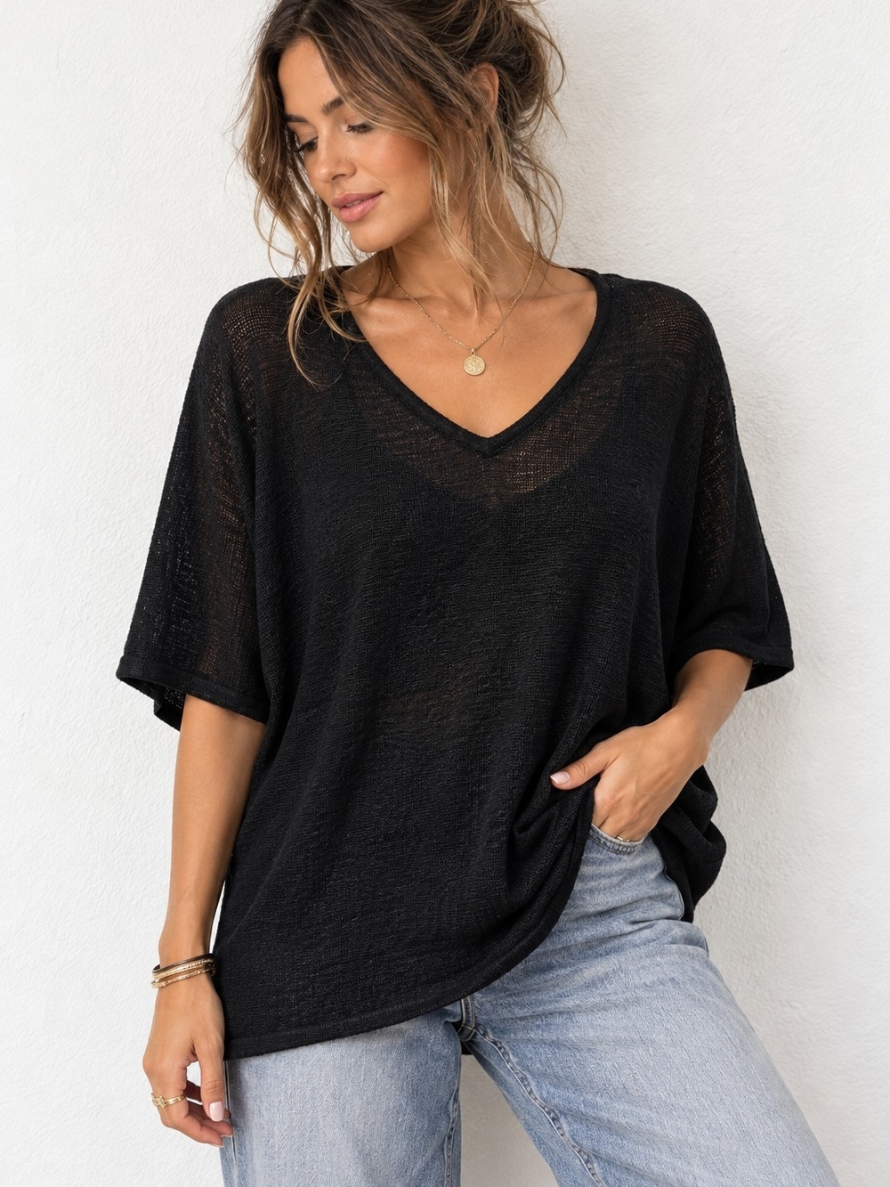 Sag Harbor Woman Black Linen Knit V-Neck Top Large Sheer Lightweight